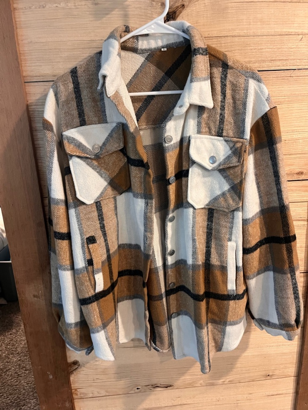 Amazon Women's Plaid Shacket in White, Brown and Black